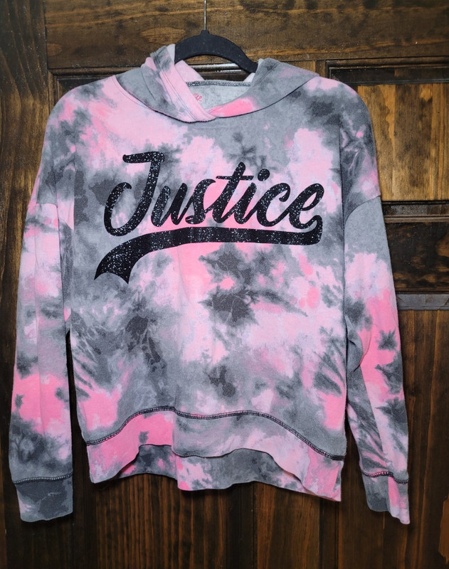 Justice Girls XL (16/18) Pink/Gray Tie-Dye Fleece Pullover Hoodie Glitter Logo