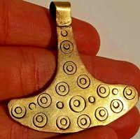 ANCIENT VIKING GOLD GILDED THOR PENDANT DECORETED RING AND DOT MOTIFS RESTORED