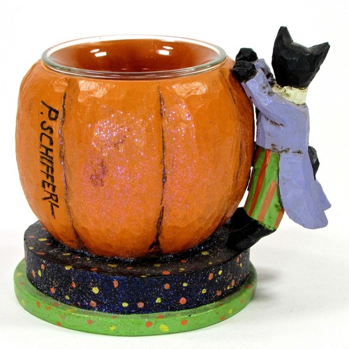 Pam Schifferl KÜRBIS & KATZE 4" Windlichthalter Happy Halloween Mittlerer Westen Kanone Herbst - Bild 5 von 12
