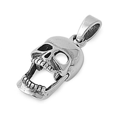 Scary Skull Pendant .925 Sterling Silver Biker Skeleton Bones 