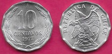 CHILE 10 CENTAVOS 1977 UNC ANDEAN CONDOR ON ROCK LEFT,DENOMINATION ABOVE DATE WI