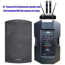15" Active PA Powered Audio TWS Speaker W/ 2CH UHF Handheld Wireless Microphones