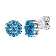 Cluster Stud Earrings Round Cut Natural Blue Diamond 14k White Gold Plated 925