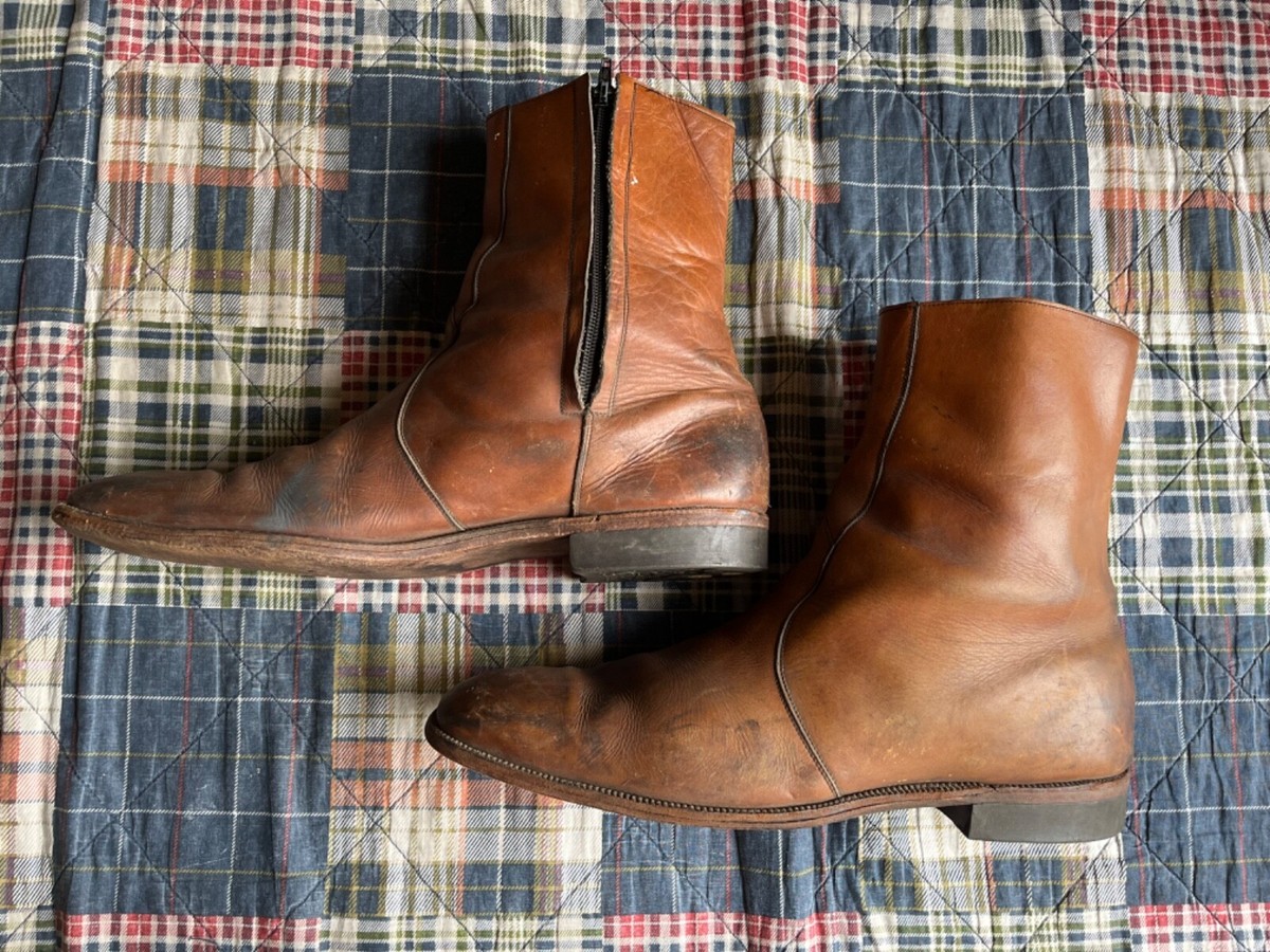 Vintage Side Zip 60s 70s Leather Brown Boots Cat's Paw Heel Men's