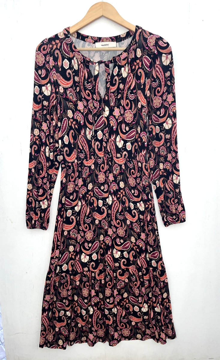 Loft Paisley Tiered Tie Neck Midi Dress Size Small Black Women's