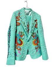 Men Cotton 2Pc Pearl Embroidered Suit Western Wedding Cocktail Groomsmen Groom