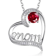 Love Mom Heart Necklace - Silver & Red Crystal Chain Pendant, Mother's Day Gift