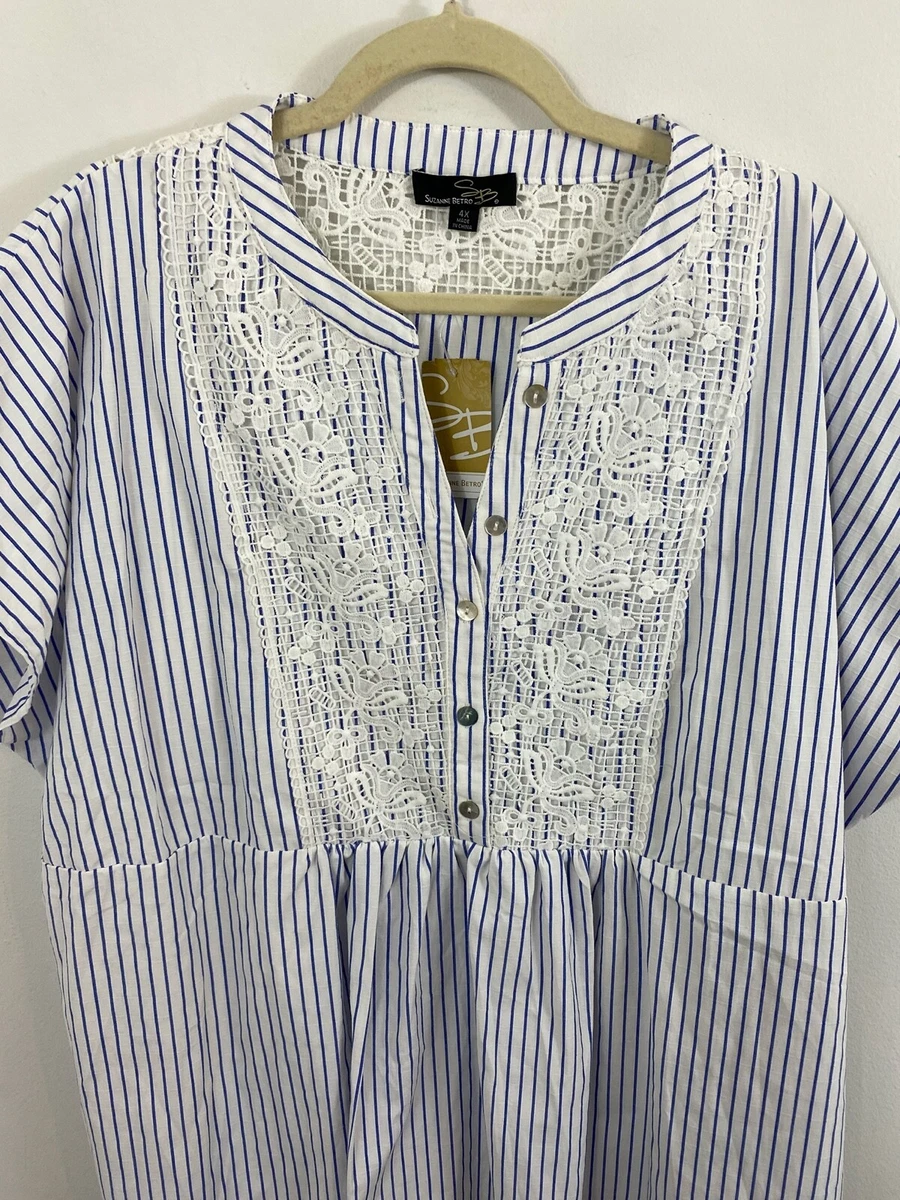 NEW Suzanne Betro Blue White Stripe Lace Top Plus Size 4X Short