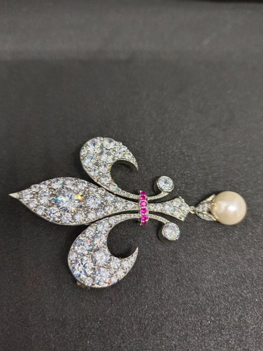 2Ct Simulated Diamond Pearl & Ruby Elegant Brooch Pin 14k White Gold Plated - Picture 6 of 11