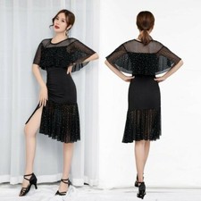 Lady Latin Dance Dress Salsa Tango Ballroom Sequins Ruffle Rumba Practice Modern