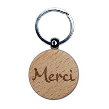 Merci Thank You French Engraved Wood Round Keychain Tag Charm