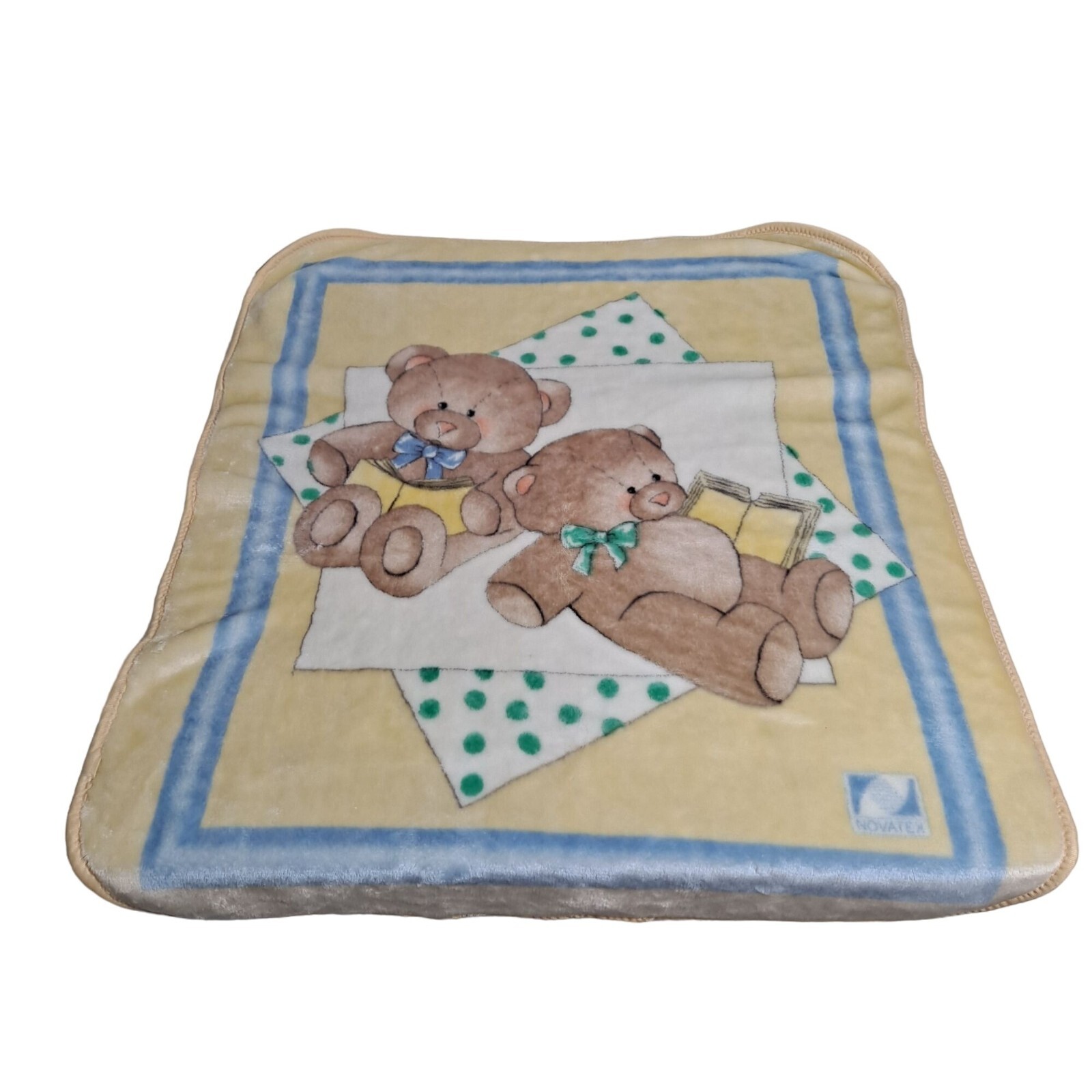 Vintage Novatex Baby Blanket Teddy Bear Yellow Book Crib Soft Plush 33