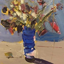 Flowers in blue vase painting on 4x4” wood panel-framed