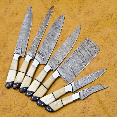 HANDMADE DAMASCUS STEEL CLEAVER KITCHEN CHEF SETs LOT OF 7 PCS HANDLE CAMEL BONE