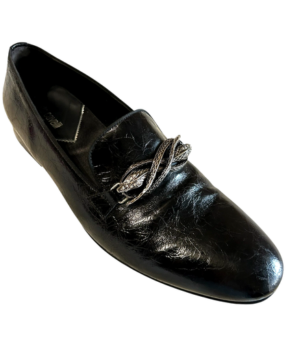 Roberto Cavalli Men Leather Black Loafers Snake Rhinestone Buckle Shoes Italy 42