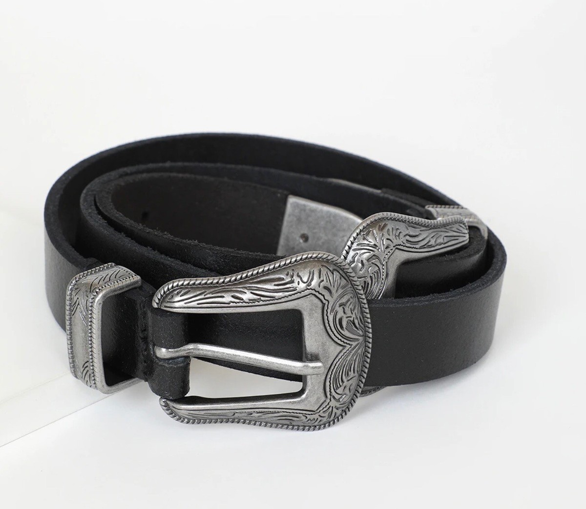 MW Most Wanted Out West Double Buckle Black Leather Belt