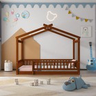 Twin Size Wood Bed House Bed Frame with Fence for Kids Teens Girls Boys Walnut