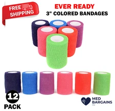 First Aid Self Adherent Cohesive Bandages 3" x 5 Yards Rainbow Colors - 12CT