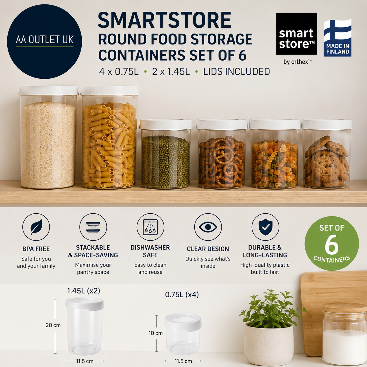 SmartStore Round Food Storage Containers Set 6 Rice Cake Plastic Jars Clear
