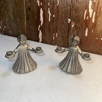 Pair Vintage Figural Candle Holders Choir Girl Made In Italy 3.25 t Nice Patina