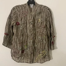 Rare Citron Women’s Blouse PXS Brown Shimmer Floral Embroidered Button Bamboo