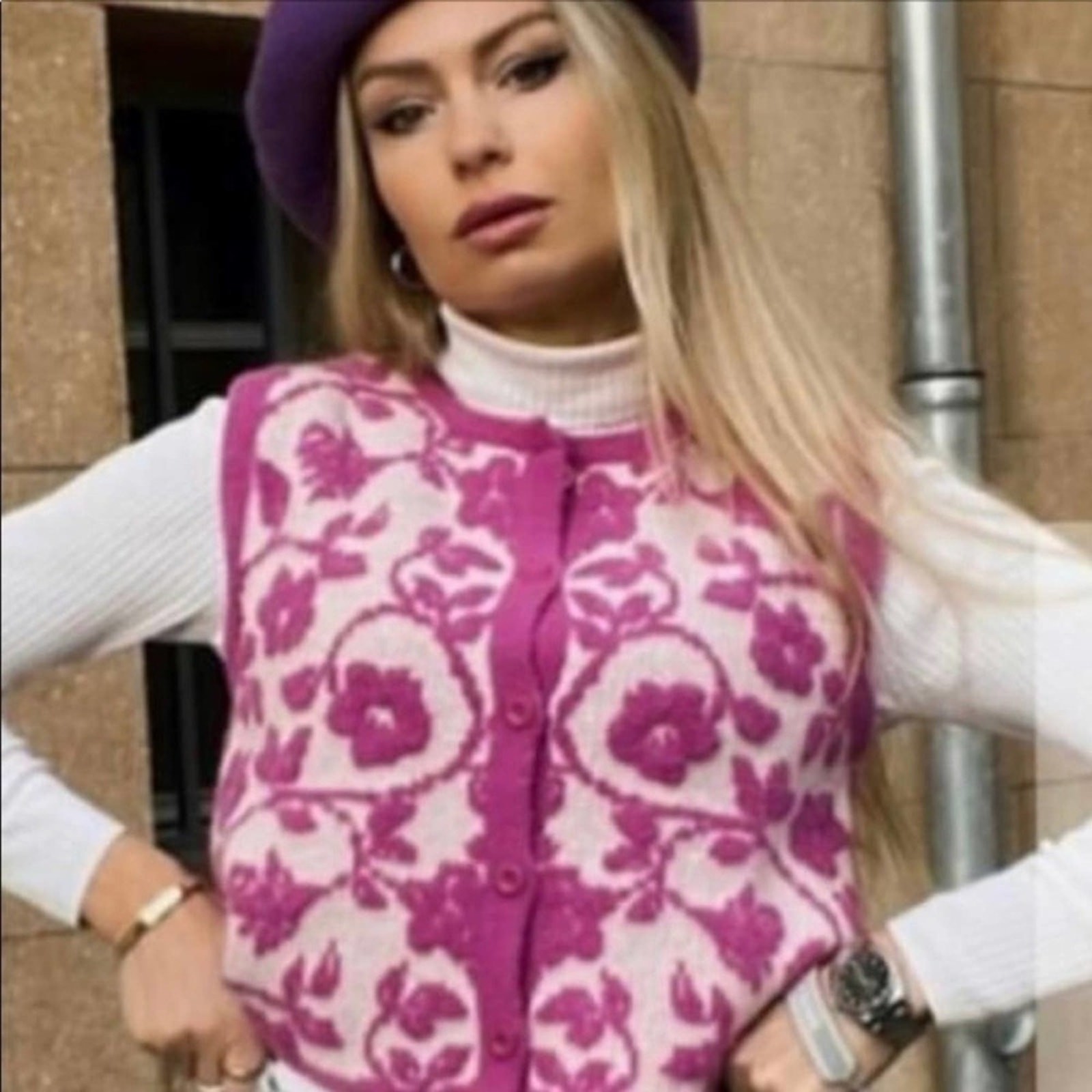 Zara Magenta White Floral Jacquard Knit Vest Bloggers Favorite Size Medium thumbnail 6