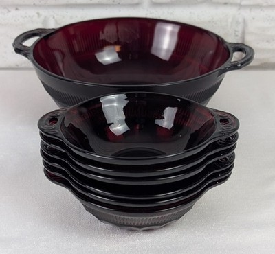 Set 7 Anchor Hocking Coronation Royal Ruby Handled Bowls Large Fruit + 6 Small 