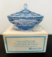 VTG Windsor Blue Indiana Glass Covered Candy Dish Button & Cane Pattern w/ Box