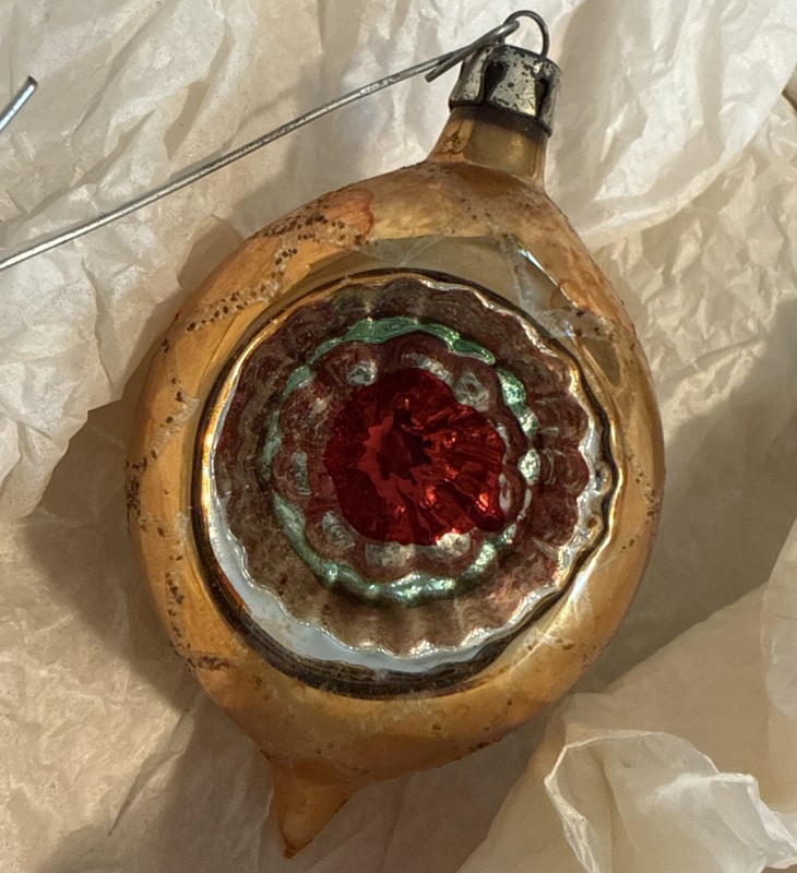 Vintage Mercury Glass Indent Blown Ornament Red Green Gold Teardrop  - Poland