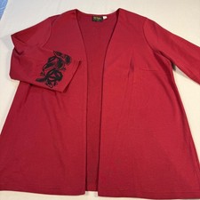 Bob Mackie Wearable Art Red Embroidered Open Front Cardigan 1X