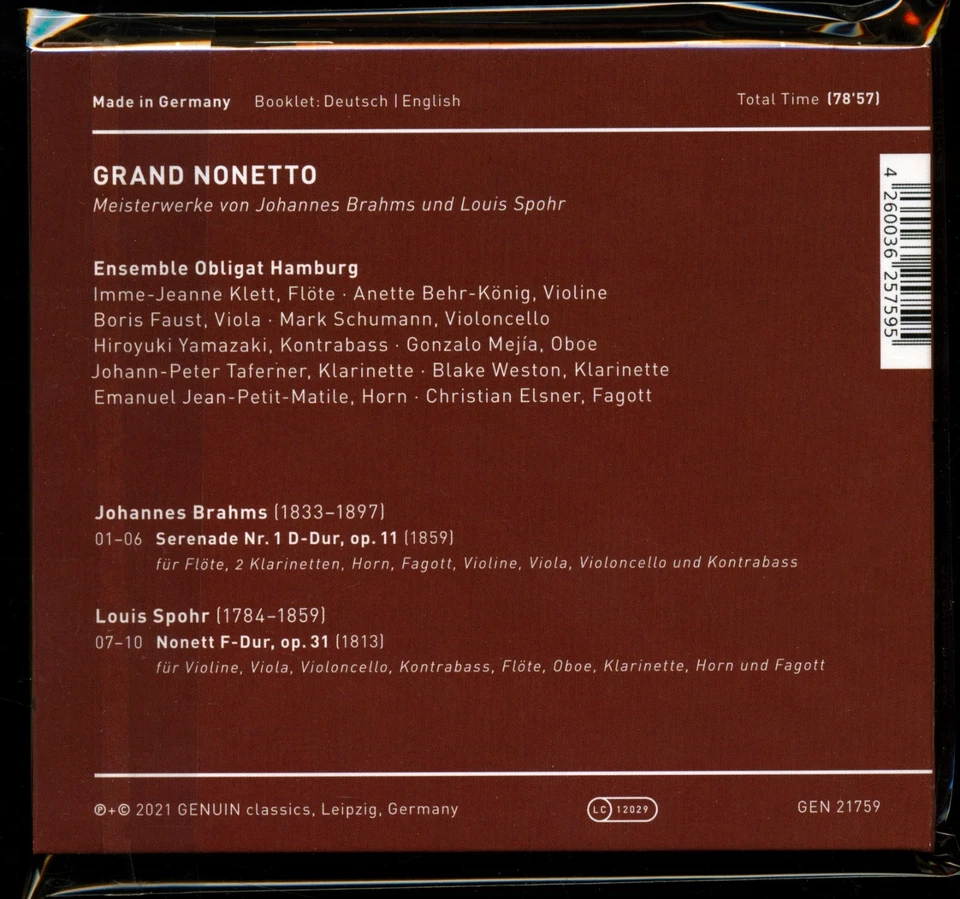 Klassik-CD★ENSEMBLE OBLIGAT★GRAND NONETTO★Genuin★J. BRAHMS und L. SPOHR★NEUWTG.★ - Bild 3 von 3