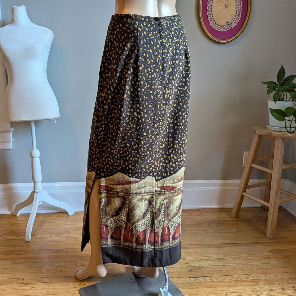 Maxi Falda Vintage Años 90 Hilos Intrigantes Safari Jirafa Hendidura Talla 10 Foto 3 de 4