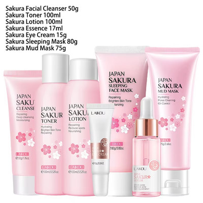 Sakura 9-Piece Korean Skin Care Set: Cleanser, Cream, Sunscreen & Mask