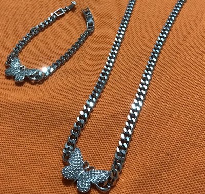New! Silver Plated 18  Cuban Necklace and Bracelet. Butterfly 2 Piece Set