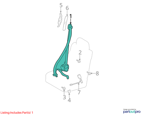 Blue seat belt front bucket passenger retractor with green plastic parts illustrated on a white background.