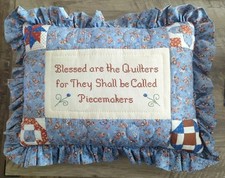 Quilted Embroidered Pillow Cross Stitch 22"x17" Floral Blue Hearts "Piecemakers"