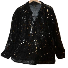 House of Harlow 1960 Black Sequin Button Down Long Sleeve Blouse Top L
