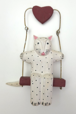 #ad Handcrafted Polka Dotted Wood Cat on Swing Heart Art $10.00