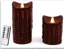 Flameless LED Pillar Candles Set of 2 Pine Bark w Remote Timer New 