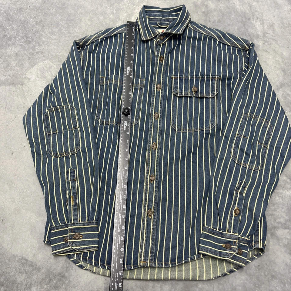 Camisa vaquera vintage lavada a rayas verticales para hombre camisa suelta de algodón manga larga Foto 2 de 4