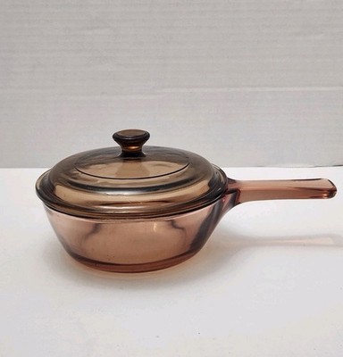 Corning Vision Ware Amber Pyrex Glass 0.5L Sauce Pan/Pot USA With Lid Used 