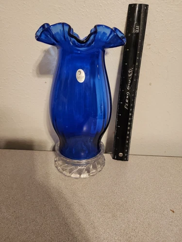 Signed Fenton Cobalt Blue Hurricane Candle Lamp W/ Clear Base *MINT CONDITION*