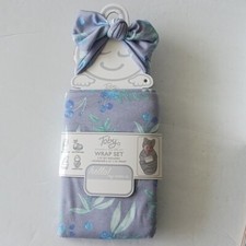 Toby Baby Wrap Set Cloud Floral Bow Soft Headband Swaddle Blanket Wrap Grey Bl
