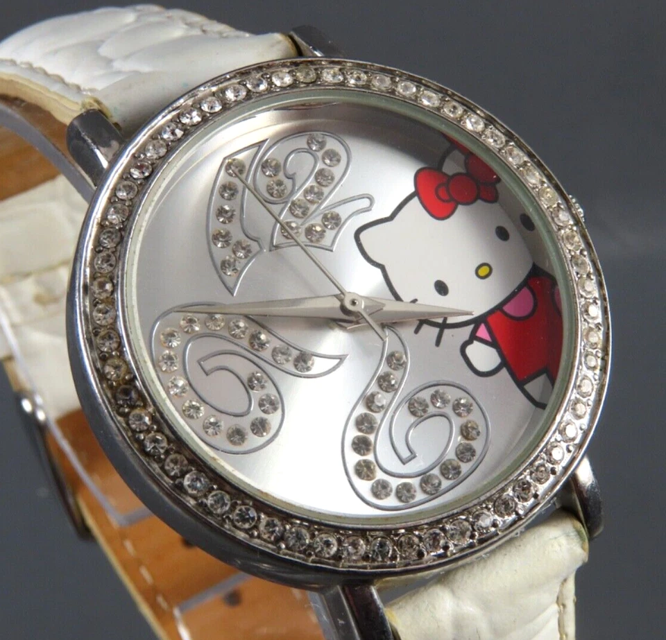 HELLO KITTY Sanrio Wrist Watch CRYSTAL BEZEL & NUMBERS White Leather Band SILVER - Image 2 of 4