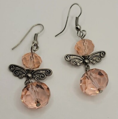 Fauceted Pink Glass Beaded Butterfly Pierced Dangle Earrings
