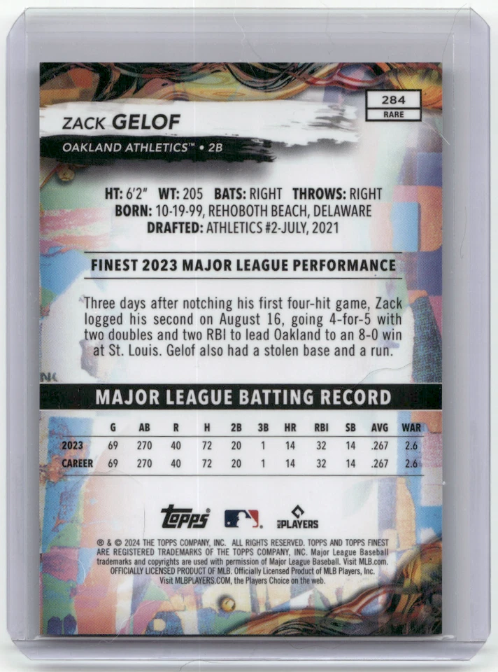 ZACK GELOF 2024 Topps Finest RARE BLUE CHECKERBOARD REFRACTOR RC 19/49 A's #284 - Image 2 of 2