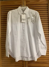 ZARA WOMAN LOGN SLEEVES BUTTON DOWN COTTON SHIRT WHITE/4786/132  S