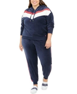$79 Tommy Hilfiger Sport Plus Size Chevron Velour Hooded Sweatshirt Navy Size 0X