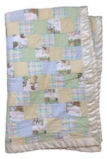 Winnie The Pooh Handcrafted Patchwork Baby Quilt Blanket Yellows Blue Satin Trim