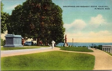 Sarcophagus Massasoit Statue Coles Hill Plymouth Massachusetts MA Linen Postcard